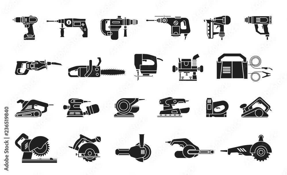 Wall mural big icon collection of power electric hand tools. set of master tools for wood, metal, plastic, ston