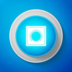 White Electric light switch icon isolated on blue background. On and Off icon. Dimmer light switch sign. Concept of energy saving. Circle blue button with white line. Vector illustration