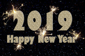 Happy new year 2019 text of silver color on black