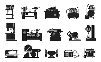 Icon collection of electric machine tools  for wood, metal, plastic, stone. Machines used in production in various types of industry.