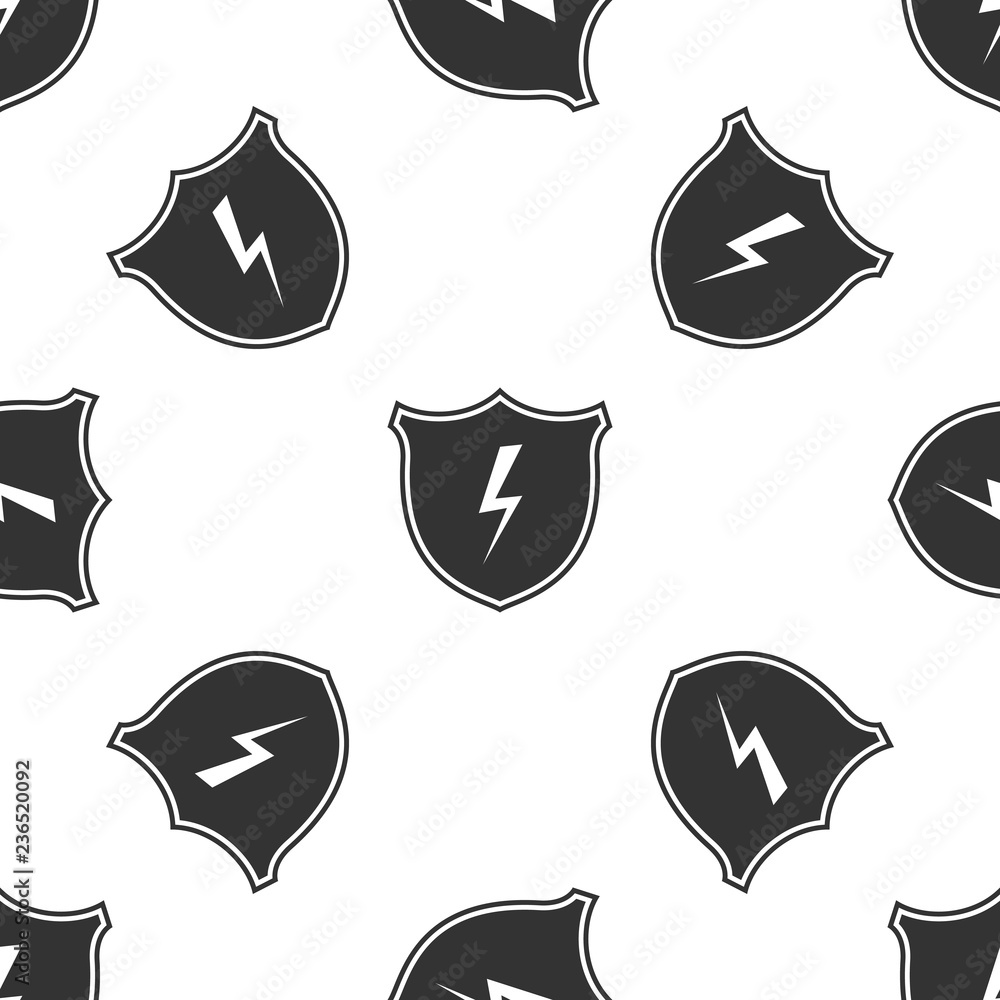 Poster secure shield with lightning icon seamless pattern on white background. flat design. vector illustra
