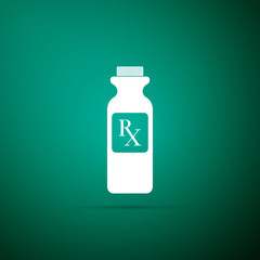 Pill bottle with Rx sign and pills icon isolated on green background. Pharmacy design. Rx as a prescription symbol on drug medicine bottle. Flat design. Vector Illustration