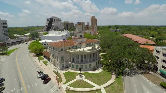 Coral Gables City Hall George Merrick Statue Aerial Fly out