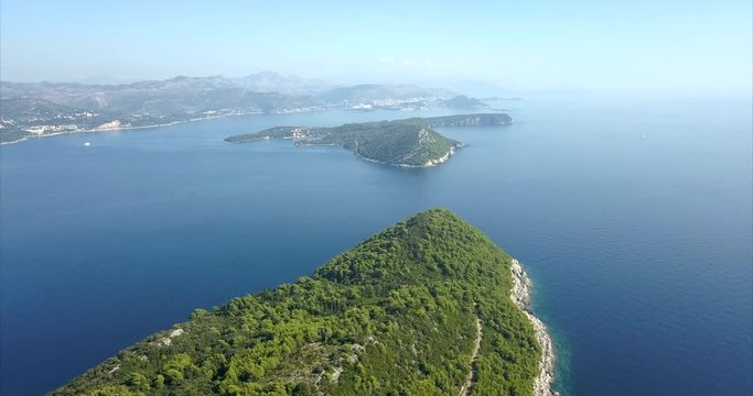 Aerial shot of Lapad island in Croatia, off the coast of Dubrovnik, the islands look incredible with the slow push in drone shot