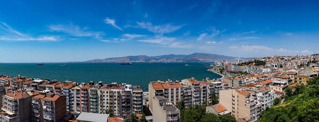 Panoramic landscape of City of Izmir (Smyrna), Turkey. Aegean sea. - obrazy, fototapety, plakaty