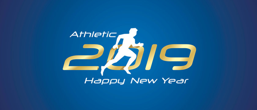 Athletic silhouette 2019 Happy New Year gold white logo icon blue background