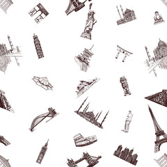 Seamless pattern of hand drawn sketch style world's famous landmarks and sights isolated on white background. Vector illustration.