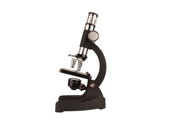 Scientific microscope isolated on white background. Close up on side view.
