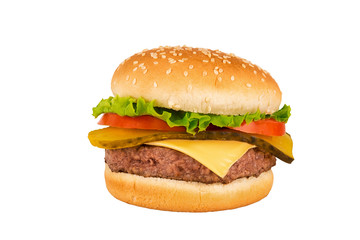Cheeseburger with beef patty isolated on white background. Real close up.
