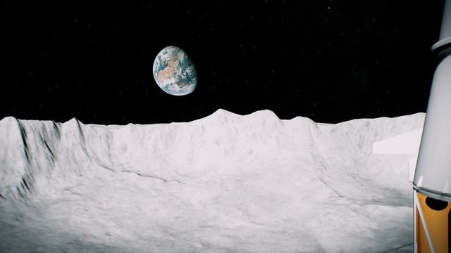 Astronaut on the moon in the crater near the lander salutes. 3D background animation