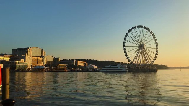 This Ultra High Definition footage is a time lapse of the National Harbor in Oxon Hill, Maryland. It was filmed during the golden hour to capture the nice sunset colors.