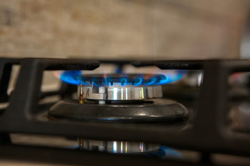 Burning blue gas on the dark stove. Burner gas stove, concept of energy. Closeup, selective focus