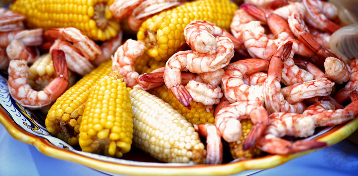 A closeup of a low country shrimp boil.