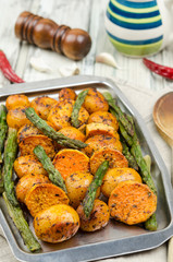 Asparagus and potato roasted. Organic food.