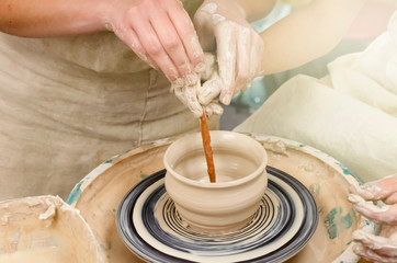 Making of pottery. handicraft. pottery training. technology for the manufacture of clay products