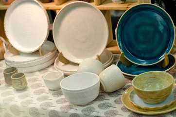ceramics. colored crockery made of clay. housewares. pottery. earthenware