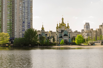 cityscape. lake and church in a sleeping area
