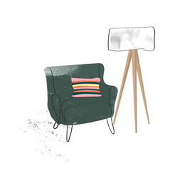 vector interior design hand drawn watercolor illustration. living room furniture sketch.  interior design logo banner.