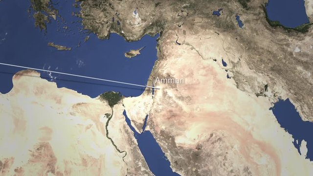 Route of a commercial plane flying to Amman, Jordan on the map. Intro 3D animation 