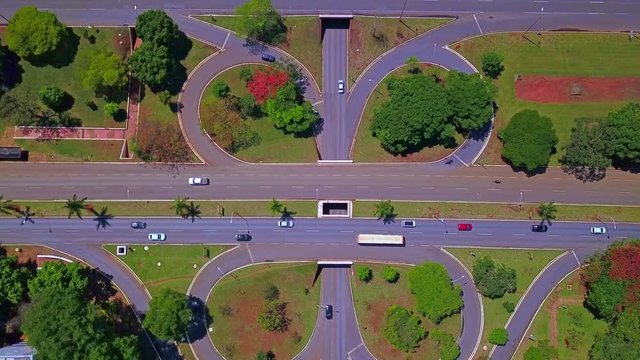 Aerial Drone Shot Pulling Up to Reveal the Unique Traffic System of Loops and Interstates in Brasilia Brazil