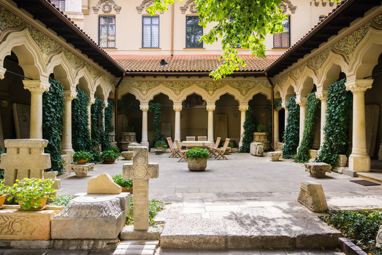 The interior court of the eastern Orthodox Stavropoleos Church in the old city area, Bucharest, Romania