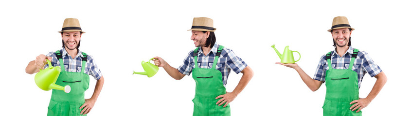 Young cheerful gardener with watering can isolated on white