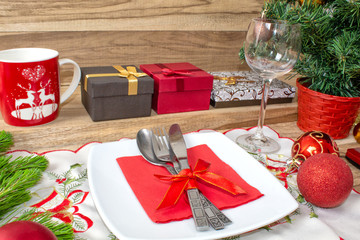 Christmas table place setting. Festive background. 
