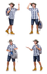 Young traveller with backpack pointing isolated on white