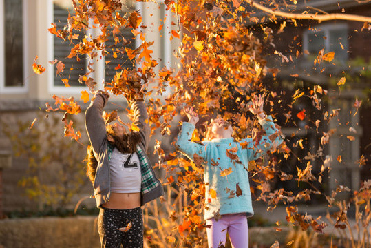 Girls having fun throwing leaves into the air in autumn