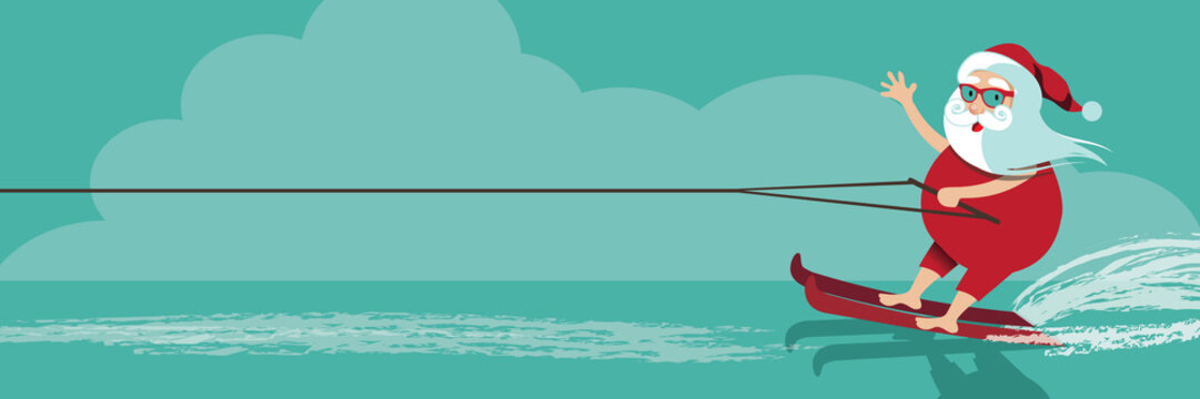 Cartoon Santa Claus water skiing. Eps10 vector illustration.
