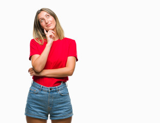 Young beautiful woman over isolated background with hand on chin thinking about question, pensive expression. Smiling with thoughtful face. Doubt concept.