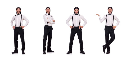 Young businessman holding briefcase isolated on white