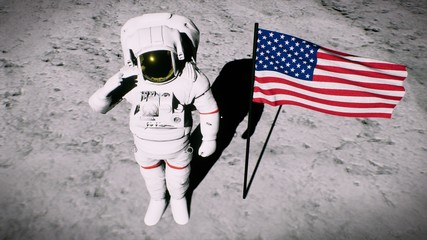Astronaut on the moon near the us flag salutes. 3D Rendering © designprojects