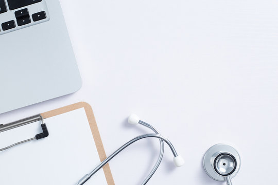 Workplace Of Doctor With Laptop And Stethoscope With Copy Space