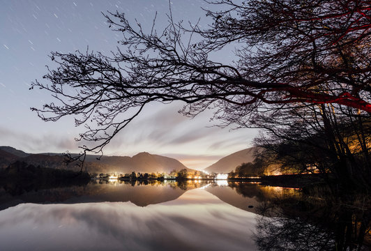 Stars over Grasmere lake. Cumbria, UK.