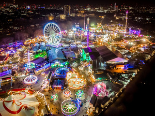 Aerial view of Christmas funfair in Hyde park, London