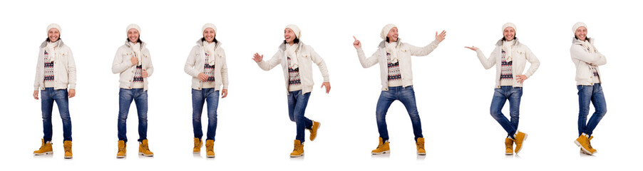 Young man in winter clothes isolated on white