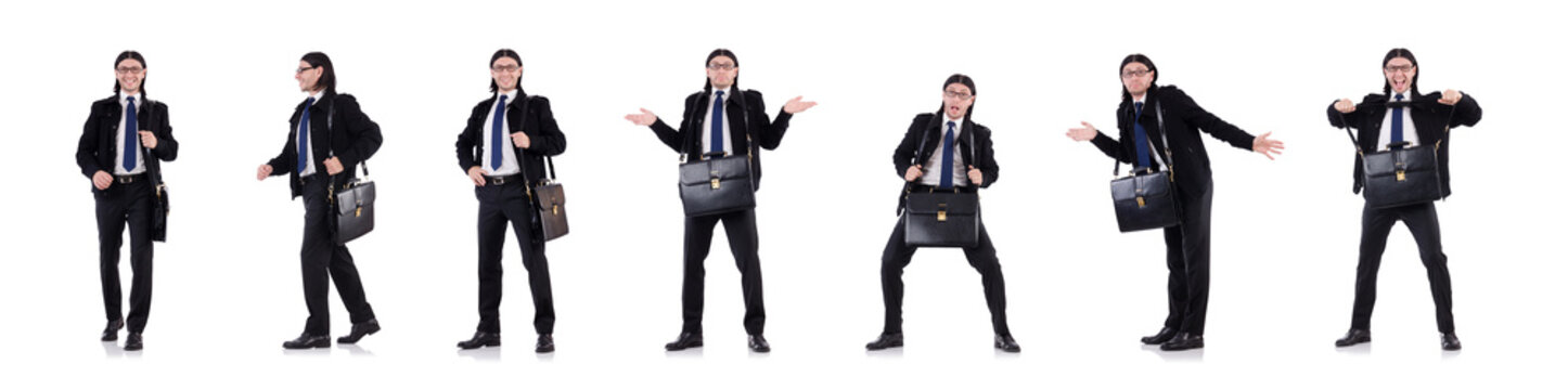 Young businessman holding briefcase isolated on white