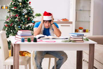 Young student with book at Christmas eve 