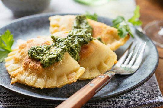 Squash pot-stickers with a cilantro sauce