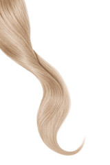 Blond hair, isolated on white background. Long wavy ponytail