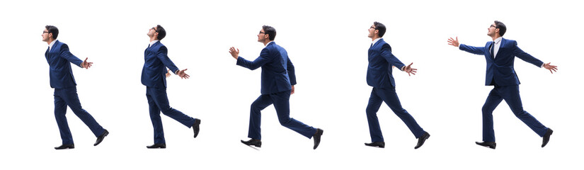 Businessman walking standing side view isolated on white backgro