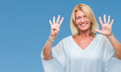 Middle age blonde business woman over isolated background showing and pointing up with fingers number nine while smiling confident and happy.