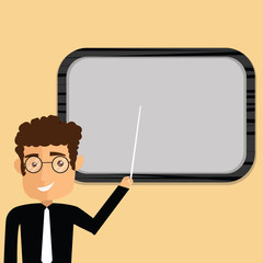 Design business concept Empty template copy space text for Ad website isolated. Man Standing Holding Stick Pointing to Wall Mounted Blank Color Board