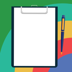 Design business concept Business ad for website promotion banners empty social media ad. Blank Sheet of Bond Paper on Clipboard with Click Ballpoint Pen Text Space