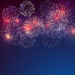 brightly colorful fireworks with pale smoke from fire on twilight background