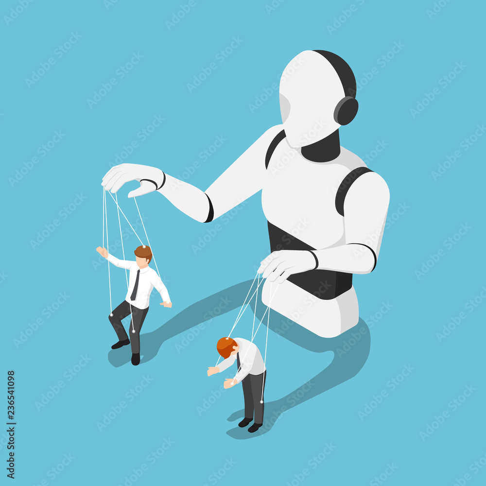 Poster isometric ai robot controlling businessman like a puppet