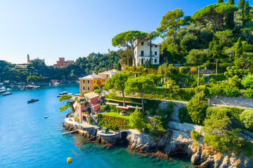 Beautiful sea coast with colorful houses in Portofino, Italy. Summer landscape