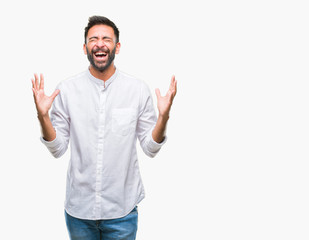 Adult hispanic man over isolated background celebrating mad and crazy for success with arms raised...