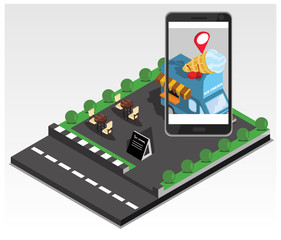 Isometric The concept of where to eat mobile tracking application, vector illustration